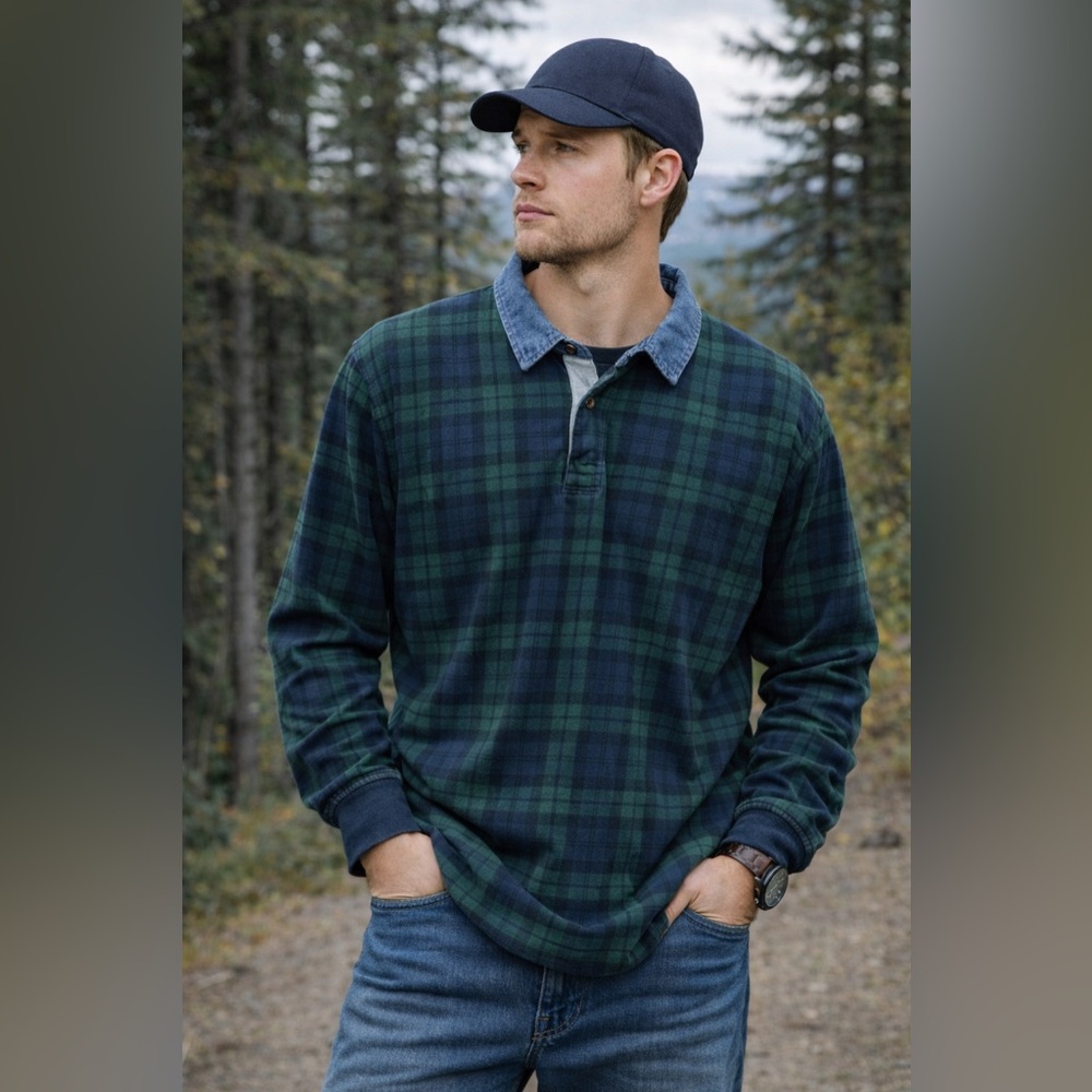 Lands’ End Vintage Rugby Shirt | Men’s XL | Green & Blue Plaid Collared Pullover